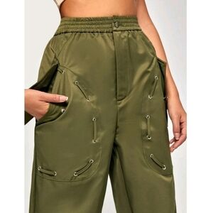 Grommet Eyelet Lace Detail Pants - Green
